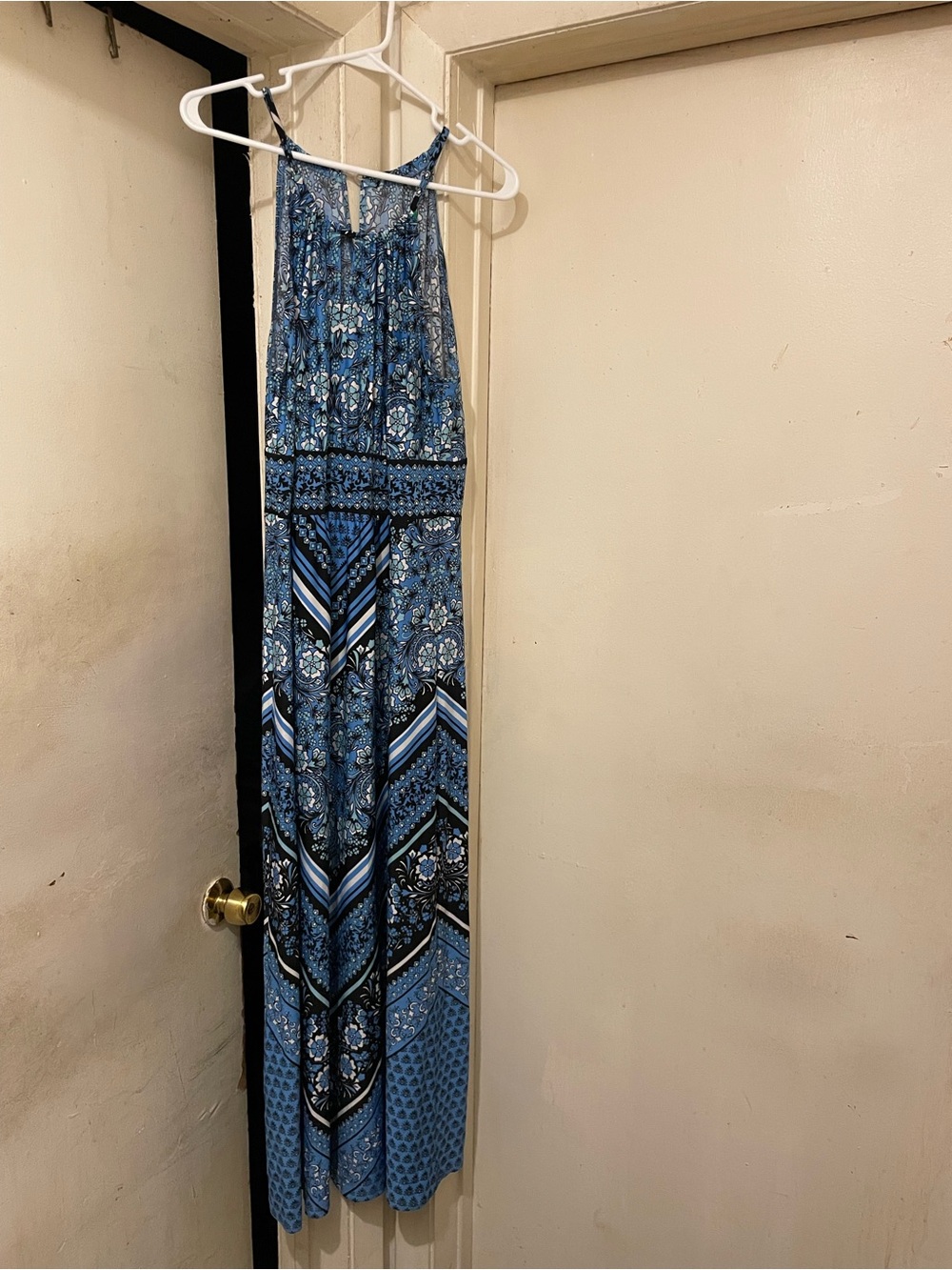 Women’s Blue Floral Halter Neck Sleeveless Long Maxi Dress Strappy Sleeve